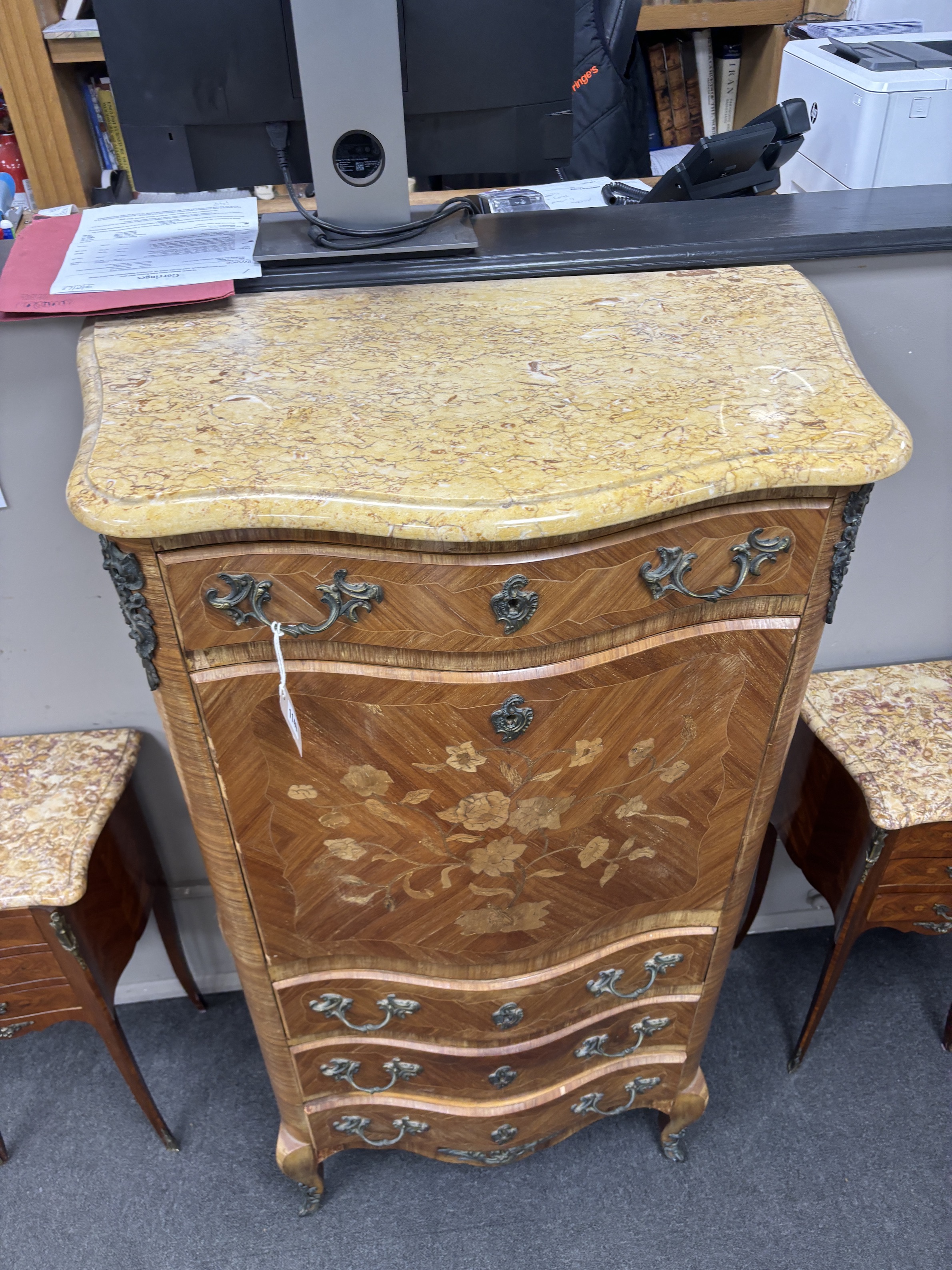 A Louis XV style inlaid kingwood marble top secretaire chest, width 78cm, depth 46cm, height 137cm